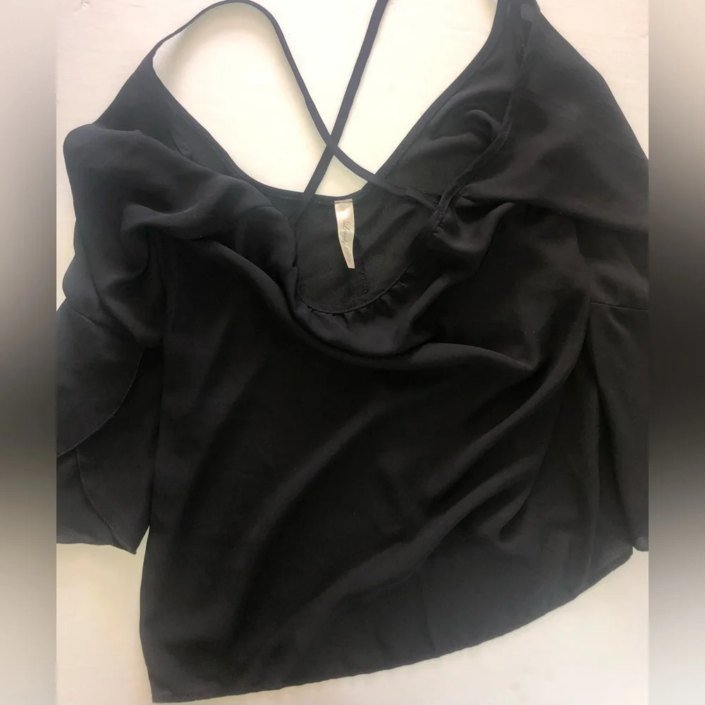 Lovely Day Top S Black Sheer Off Shoulder Cross Strap Back Slit Flare Sleeve VTG